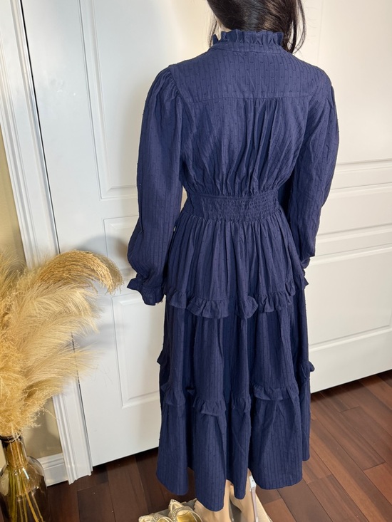 WOMEN’S LONG SLEEVE BUTTON UP ELASTIC WAIST FRONT POCKETS TIERED MIDI DRESS - Picture 12 of 16